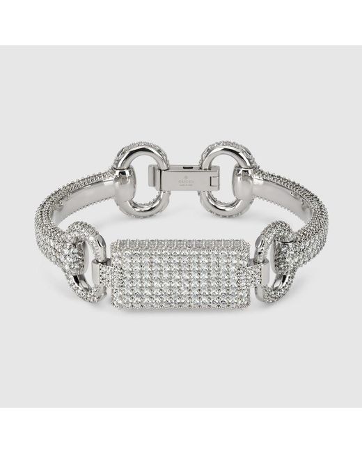 Gucci Metallic Horsebit Crystal Bracelet, Size S, Palladium-Toned Metal