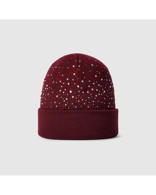 Gucci Red Gg Wool Beanie Hat With Crystals