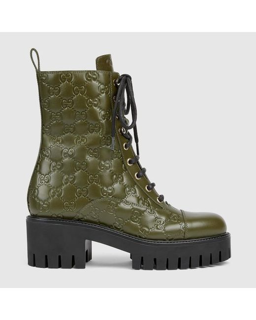 Gucci Gg ウィメンズ レースアップ アンクルブーツ, グリーン, レザー Green