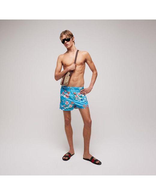 Gucci Blue Printed Polyester Poplin Swim Shorts for men
