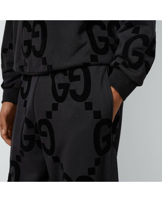 Pantalone Tuta In Pile Di Cotone Con Stampa GG Floccata di Gucci in Black da Uomo