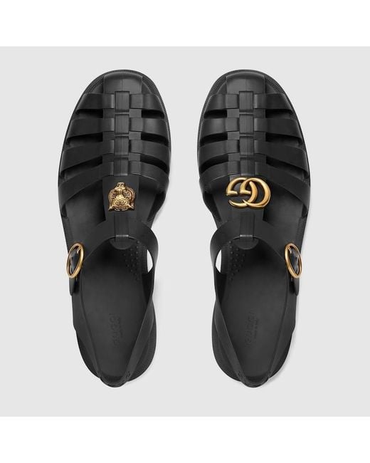 Gucci Black Rubber Marmont And Tiger Embellished Buckle Strap Sandals for men