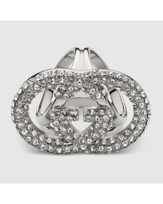 Gucci Metallic Crystal Interlocking G Carré Ring