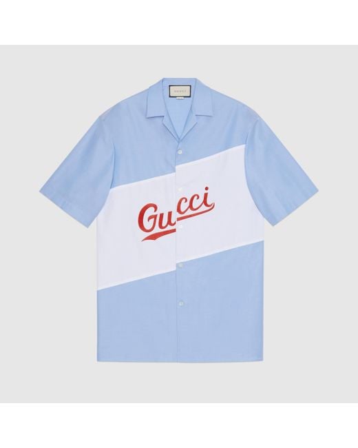 メンズ Gucci 【公式】 (グッチ) スクリプト ロゴ オーバーサイズ ボウリングシャツライトブルー コットンブルー Blue