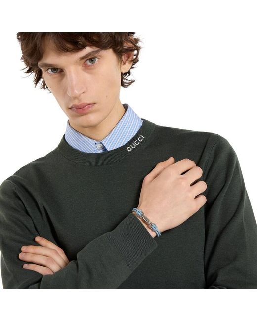 Gucci Blue Braided Bracelet With Piston Detail, Size Xl, Leather