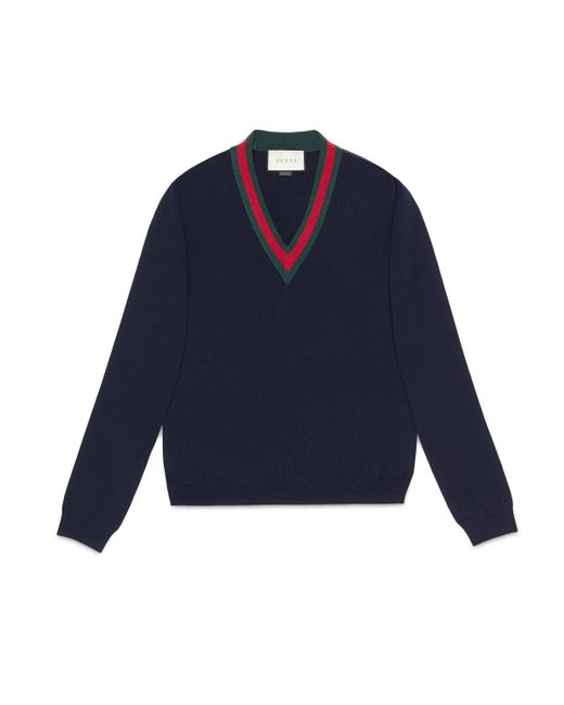 Gucci Blue Wool V-neck Sweater With Web for men