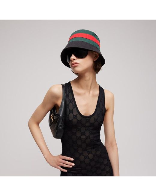 Gucci Black Washed Cotton Bucket Hat With Web, Size L, Cotton for men