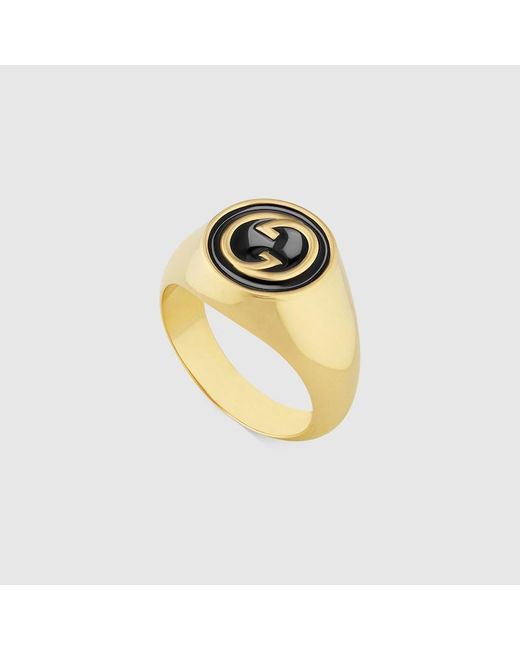 Gucci Metallic Blondie Black-enamel Interlocking-g Gold-toned Metal Ring