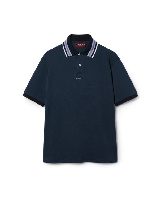 Gucci Blue Cotton Polo Shirt With Embroidery for men