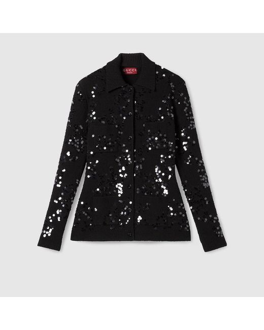 Gucci Black Tweed Blend Polo Cardigan With Embroidery