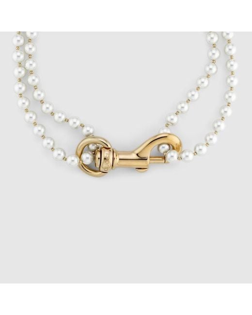 Gucci Metallic Glass Pearl Necklace With Hook Closure, , -Toned Metal