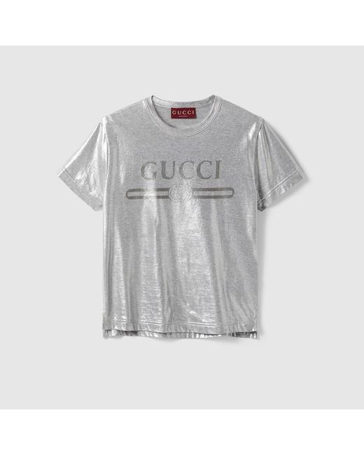 Gucci プリント ラミネート コットン Tシャツ, シルバー, ウェア Gray