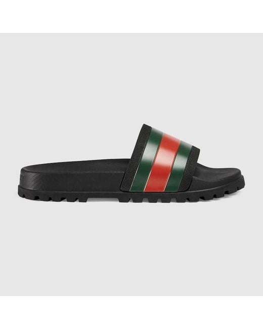 メンズ Gucci ウェブストライプ ラバープールサンダル Black
