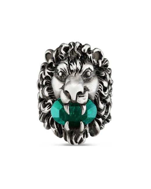 Gucci Green Lion Head Ring With Crystal for men