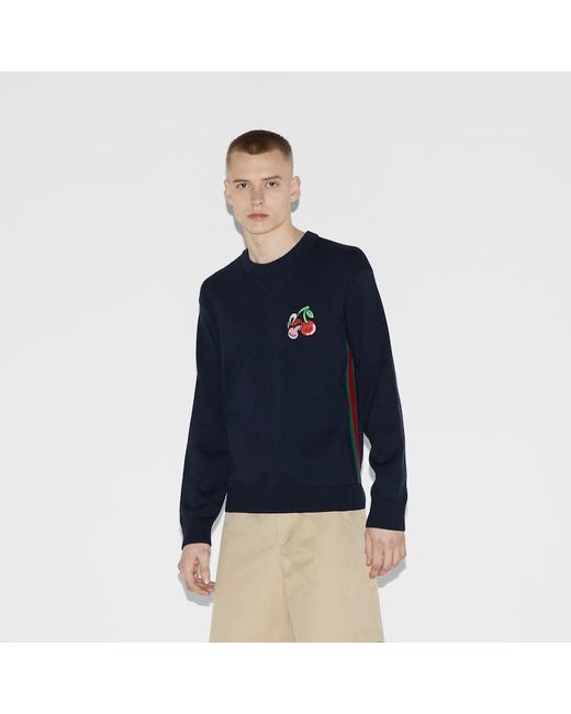 Gucci Blue Cotton Wool Sweater With Patch for men