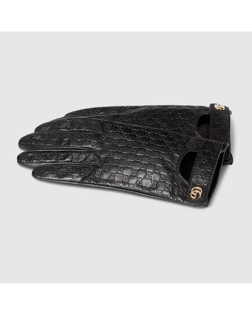 Gucci Black Gg Leather Gloves With Double G