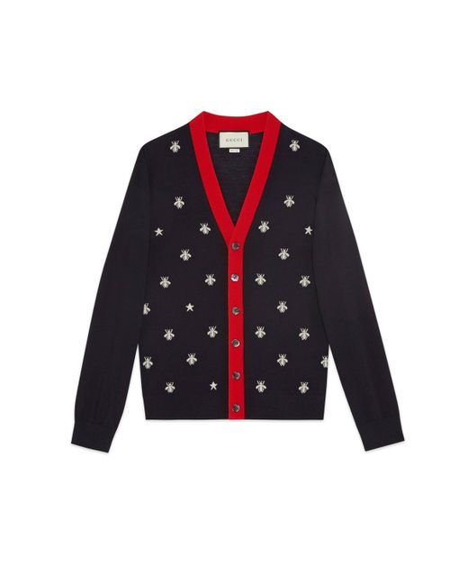 Gucci Blue Wool Cardigan With Bees And Stars for men