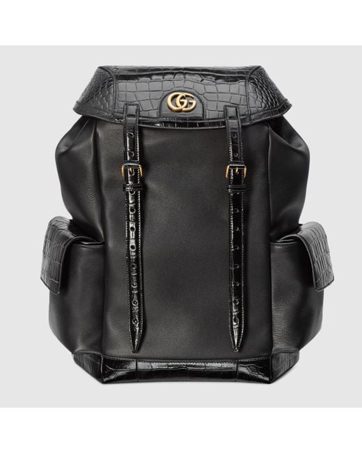 Gucci Black Crocodile Trim Backpack With Double G for men