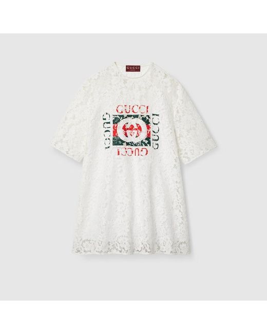 Gucci White Floral Cotton Lace Top With Print