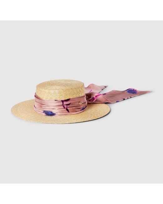 Sombrero de Ala Ancha de Paja con Fular Gucci de color Pink