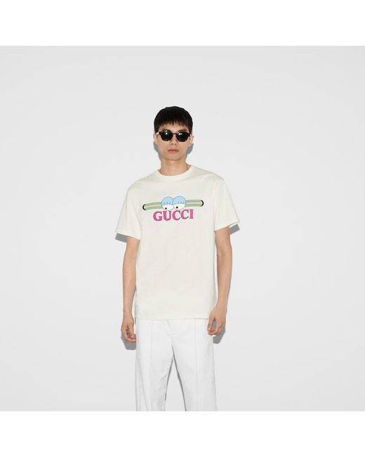 T-shirt In Jersey Di Cotone Con Stampa di Gucci in White da Uomo
