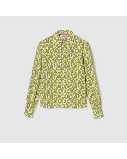 Camicia In Seta Crêpe De Chine Con Stampa Floreale di Gucci in Green
