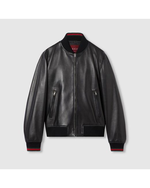 Gucci Black Leather Bomber Jacket With Web for men