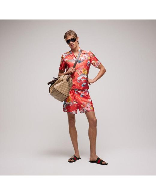 Gucci Red Printed Silk Twill Bowling Shirt for men