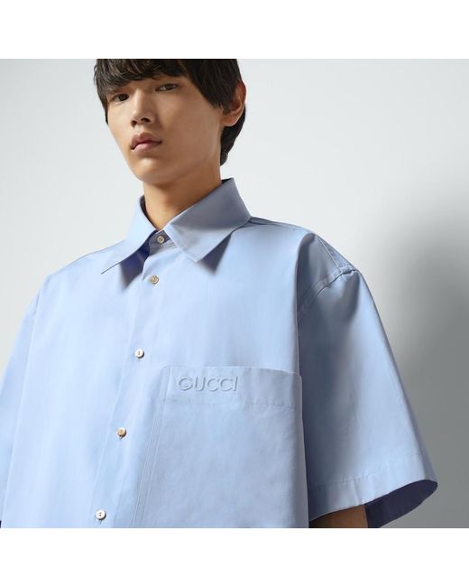 Gucci Blue Cotton Shirt With Embroidery for men