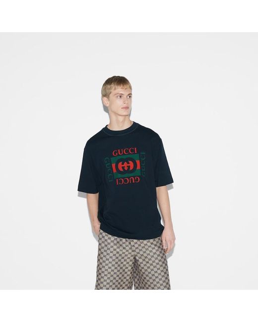Gucci Blue Cotton Jersey T-shirt With Print for men