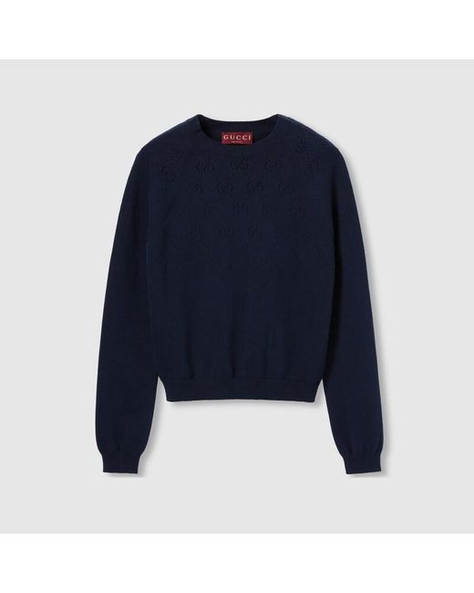 Gucci Blue Cotton Crewneck Top With Gg Argyle