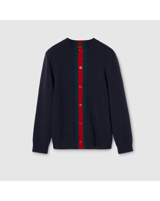 Gucci Blue Knit Wool Cardigan With Web for men