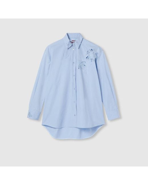 Gucci Blue Cotton Poplin Shirt With Embroidery