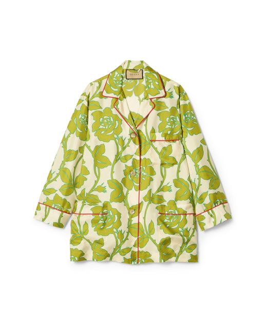 Gucci Green Floral Print Silk Twill Shirt
