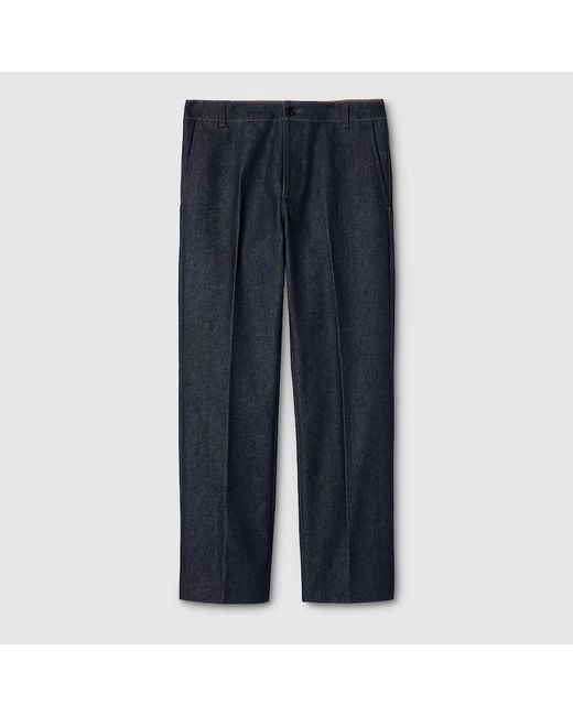 Gucci Blue Cotton Denim Trousers With Gg Inerts for men