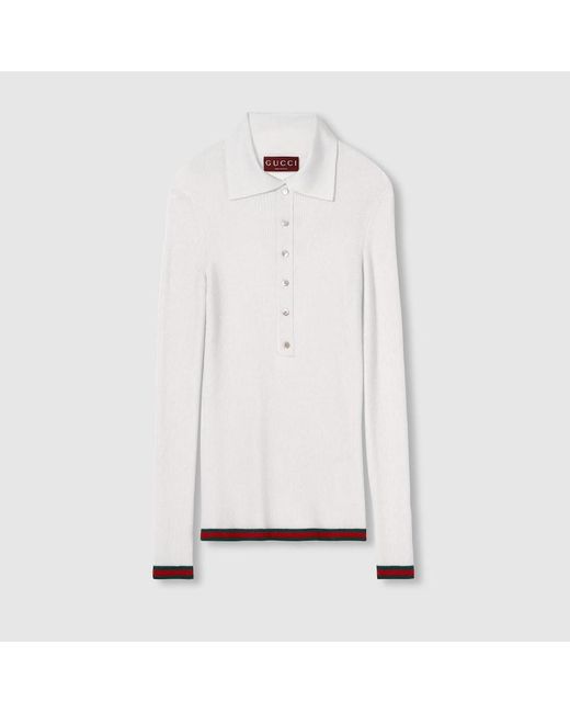 Gucci ウェブ ストライプ カシミア＆シルク ポロトップ, ホワイト, ウェア White