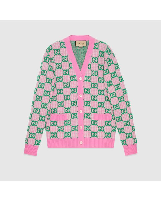 Gucci 【公式】 (グッチ)ハウンドトゥース GG ウール カーディガンピンク、アイボリー、グリーングリーン Green