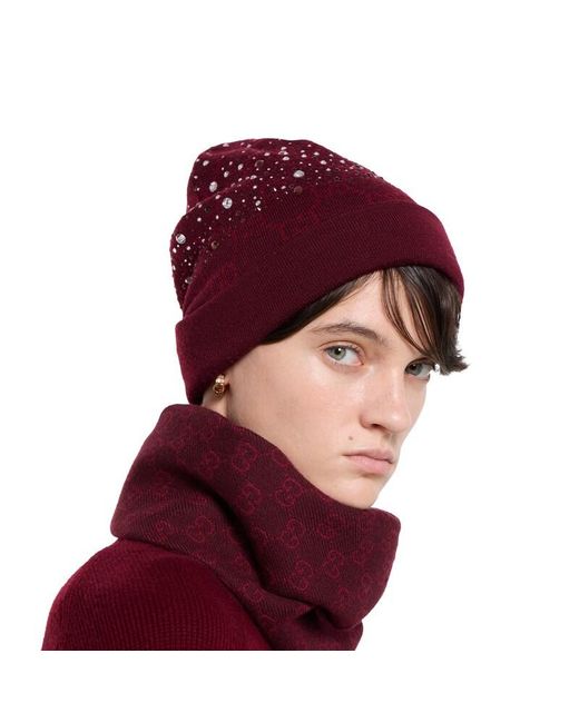 Gucci Red Gg Wool Beanie Hat With Crystals