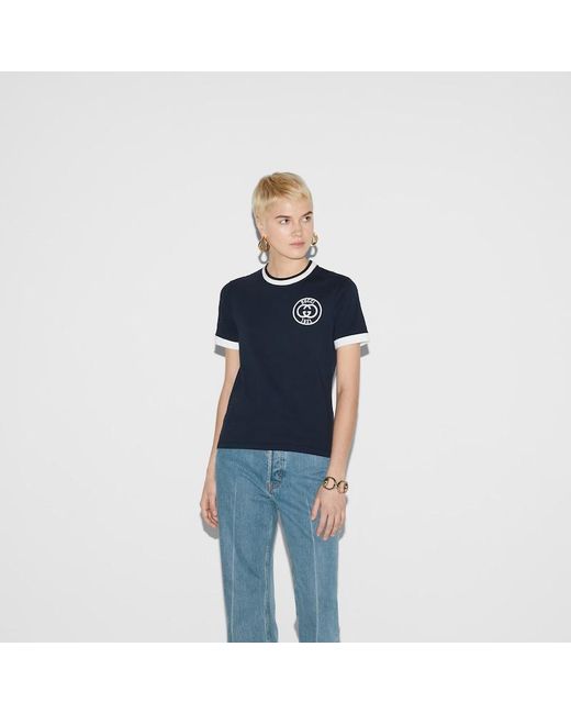 Gucci Blue Cotton Jersey T-shirt With Embroidery