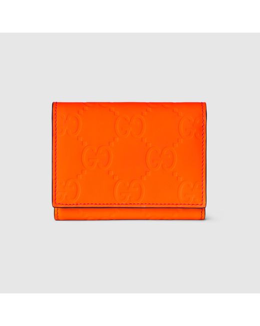 メンズ Gucci GG ラバーエフェクト 三つ折りウォレット, オレンジ, Leather Orange