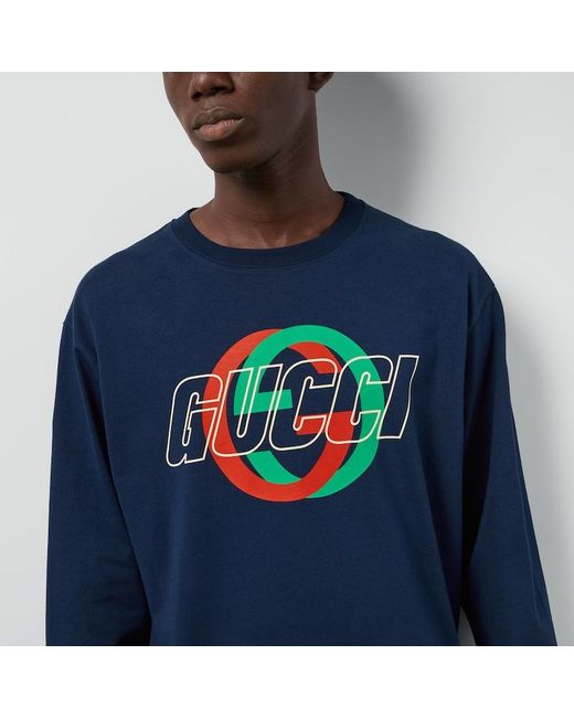 T-shirt A Maniche Lunghe In Jersey Di Cotone di Gucci in Blue da Uomo