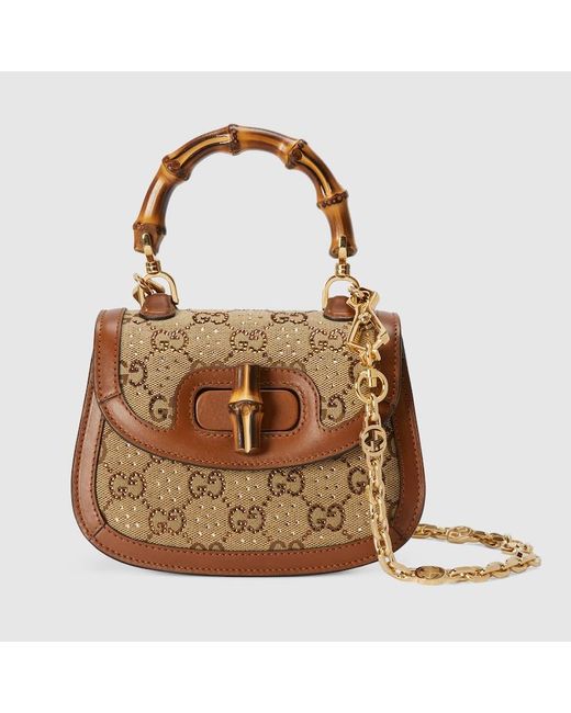 Gucci 〔グッチ バンブー 1947〕クリスタル ミニバッグ, ベージュ, Ggキャンバス Brown