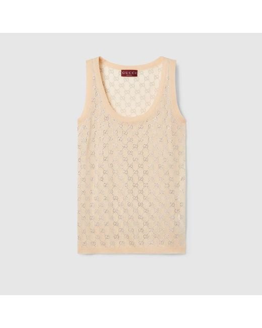 Gucci Natural Fine Silk Tank Top With Gg Crystals