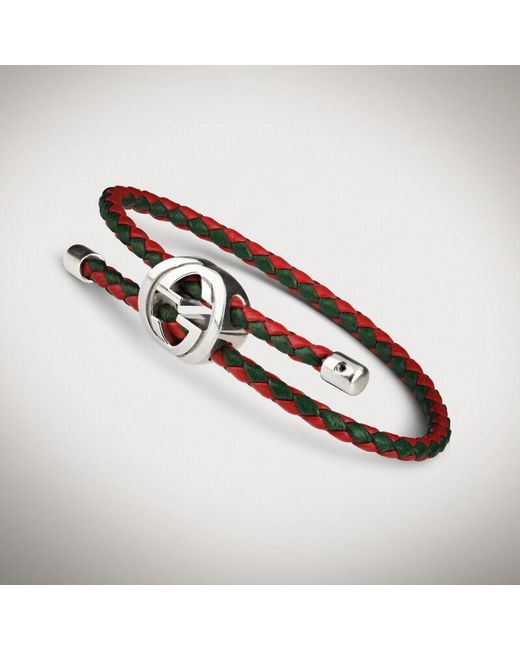 Gucci Red Braided Leather Bracelet With Web