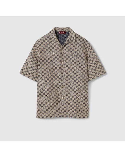Camicia In Tessuto Di Misto Lino Con Motivo GG di Gucci in Gray da Uomo