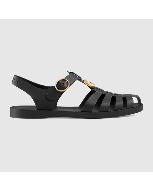 Gucci Black Rubber Marmont And Tiger Embellished Buckle Strap Sandals for men