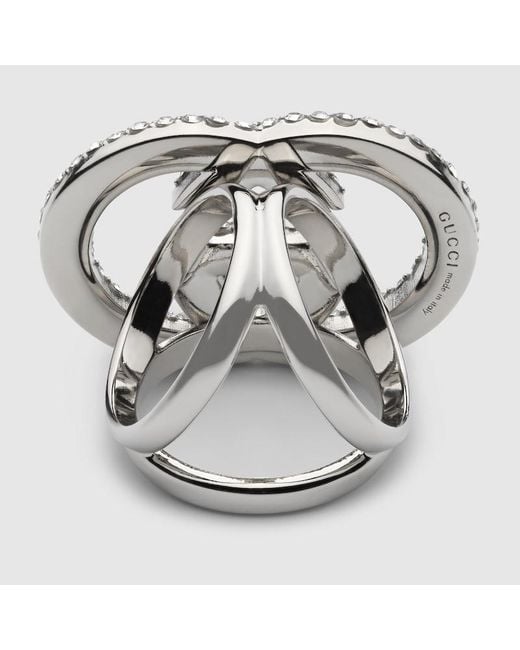 Anello Ferma Carré Con Incrocio Gg Con Cristalli di Gucci in Metallic