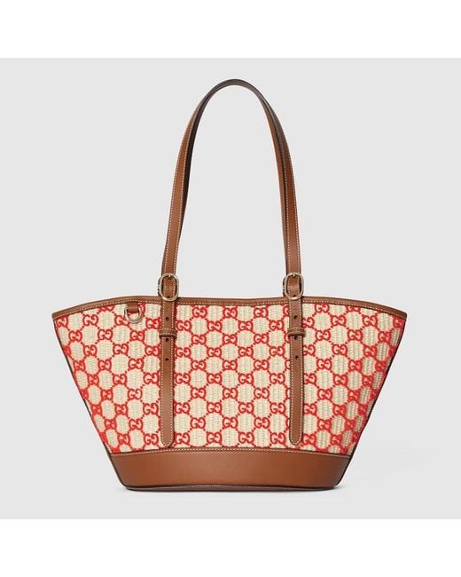 Gucci Red Woven Small Tote Bag, Gg Canvas