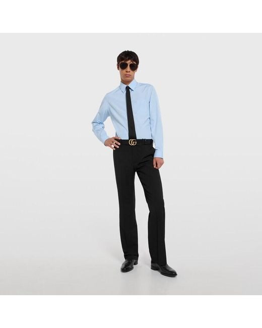 Gucci Blue Cotton Poplin Shirt With Embroidery for men