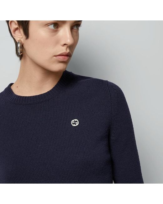 Gucci Blue Wool Cashmere Jumper With Embroidery